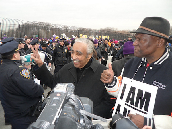 Charlie Rangel marching with 32BJ at LGA