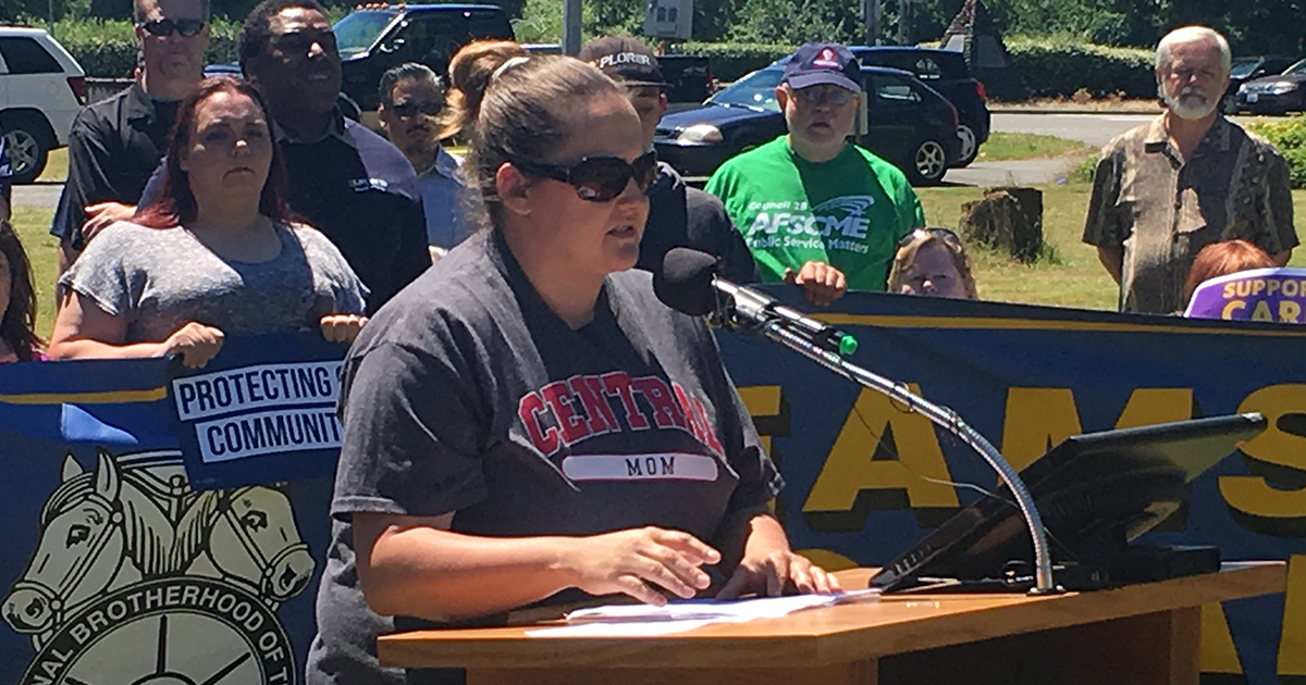 Teamster Jessica Poston speaks out at rally for state workers Image