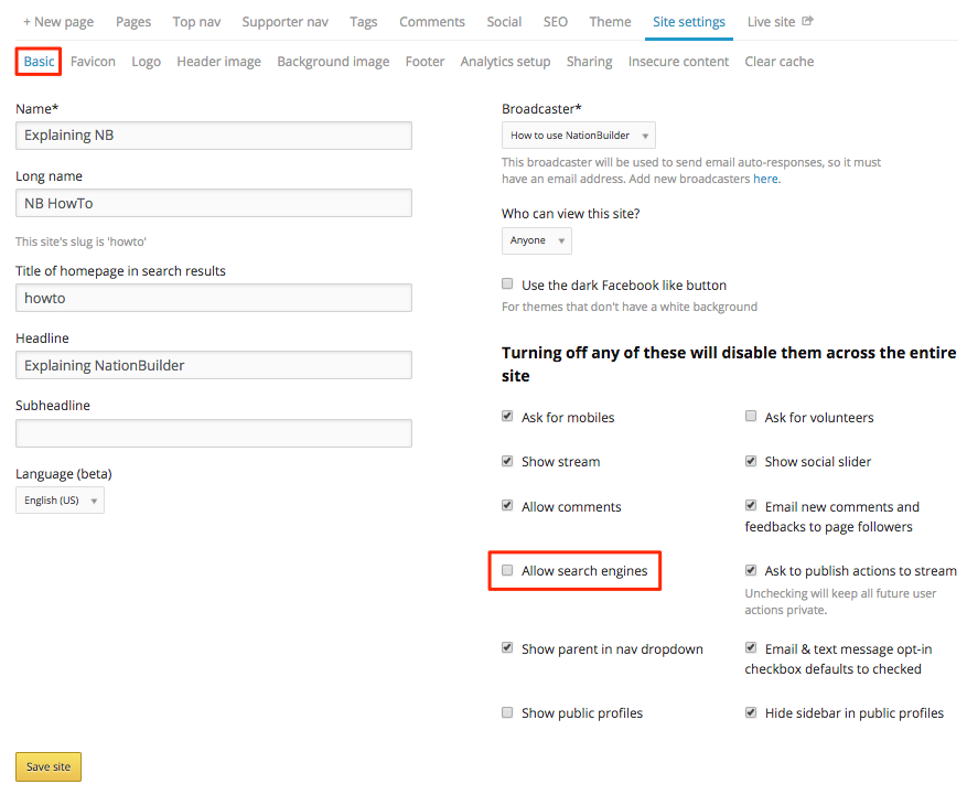 how to include and exclude a nationbuilder site from search engine