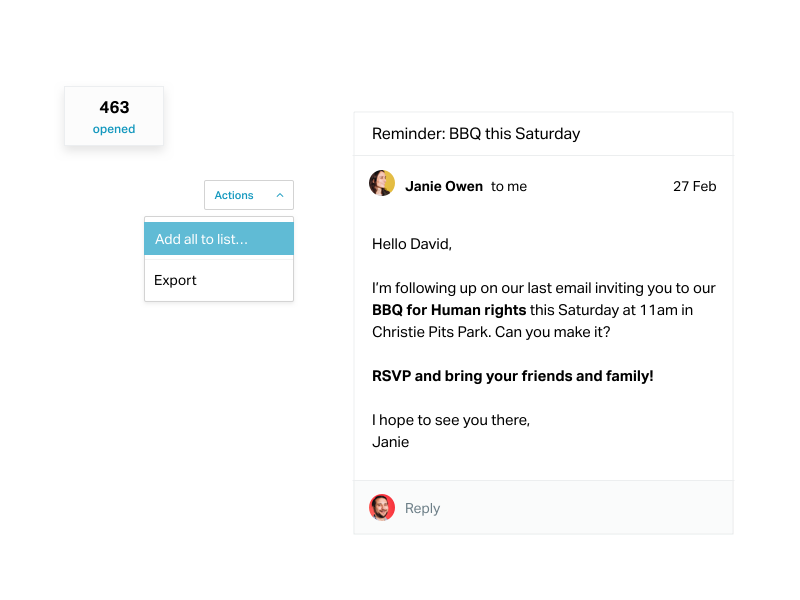 Animation showing people who opened an email being added to a list, and then sent another email asking them to attend a BBQ.