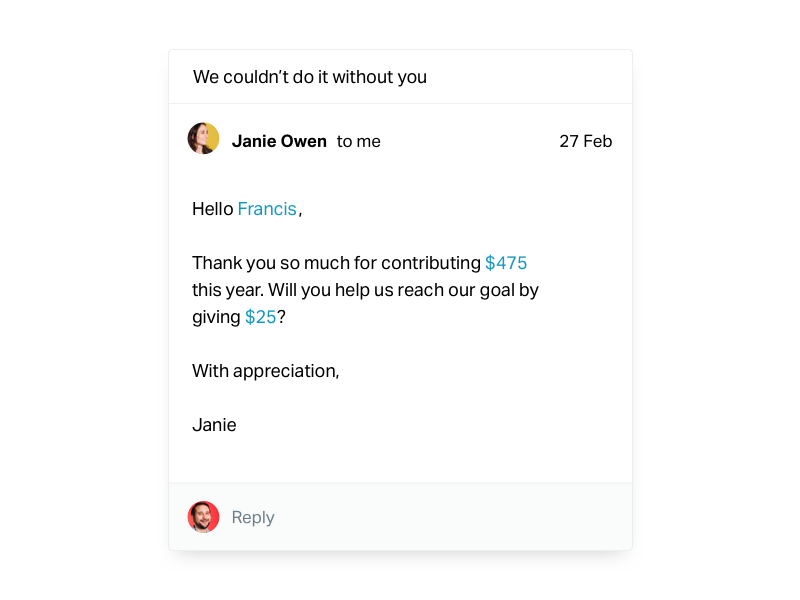 Email with blocks reading “First name” and “Address city”, which turn into the name “Frances” and city “Santa Monica”