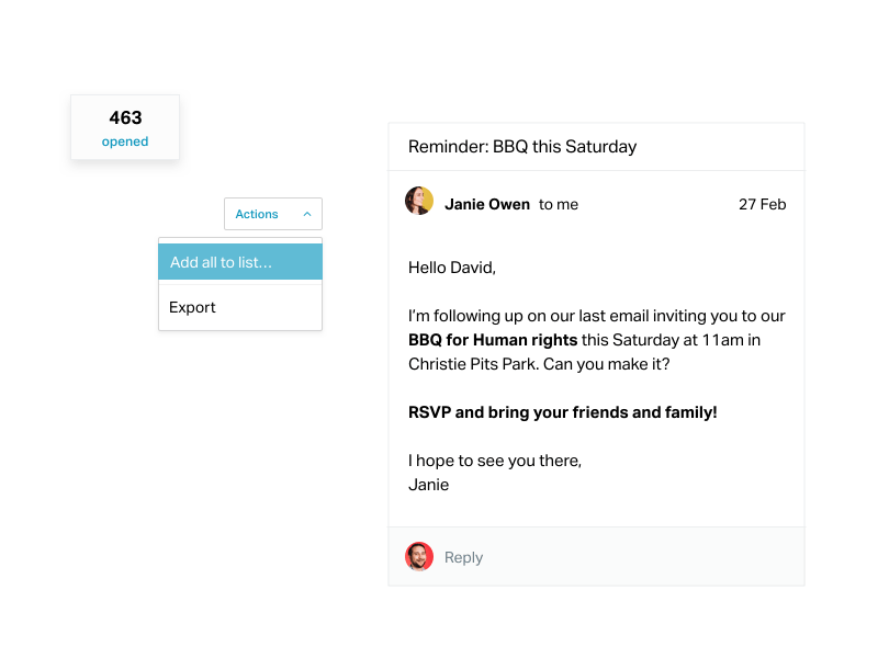 Animation showing people who opened an email being added to a list, and then sent another email asking them to attend a BBQ.