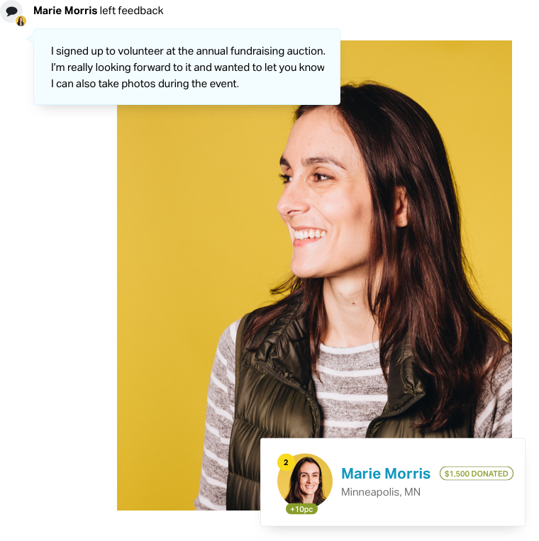 Young woman surrounded by elements of a supporter profile: tags, her Twitter handle, leaderboard rank, and a comment she posted.