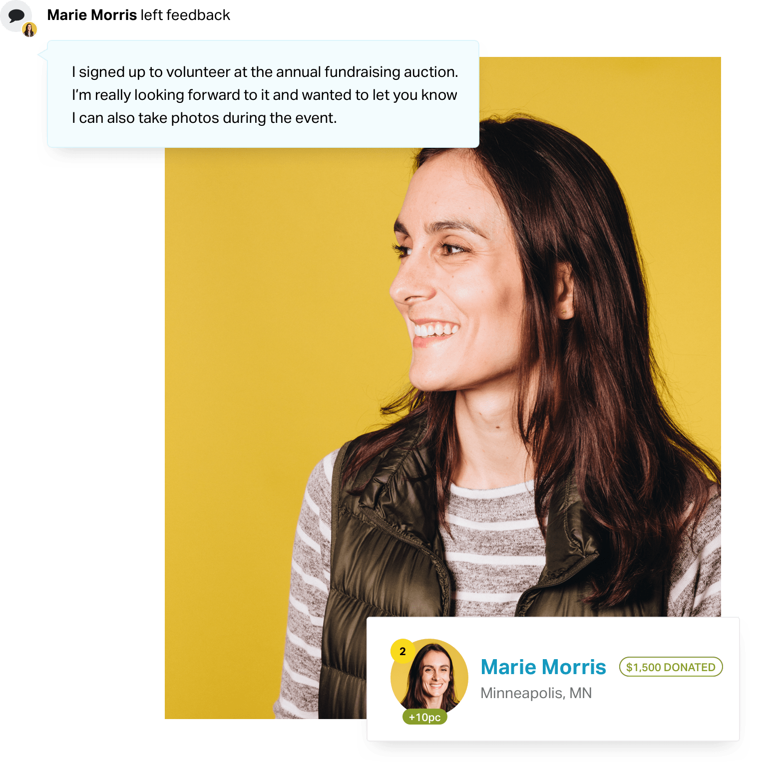 Young woman surrounded by elements of a supporter profile: tags, her Twitter handle, leaderboard rank, and a comment she posted.