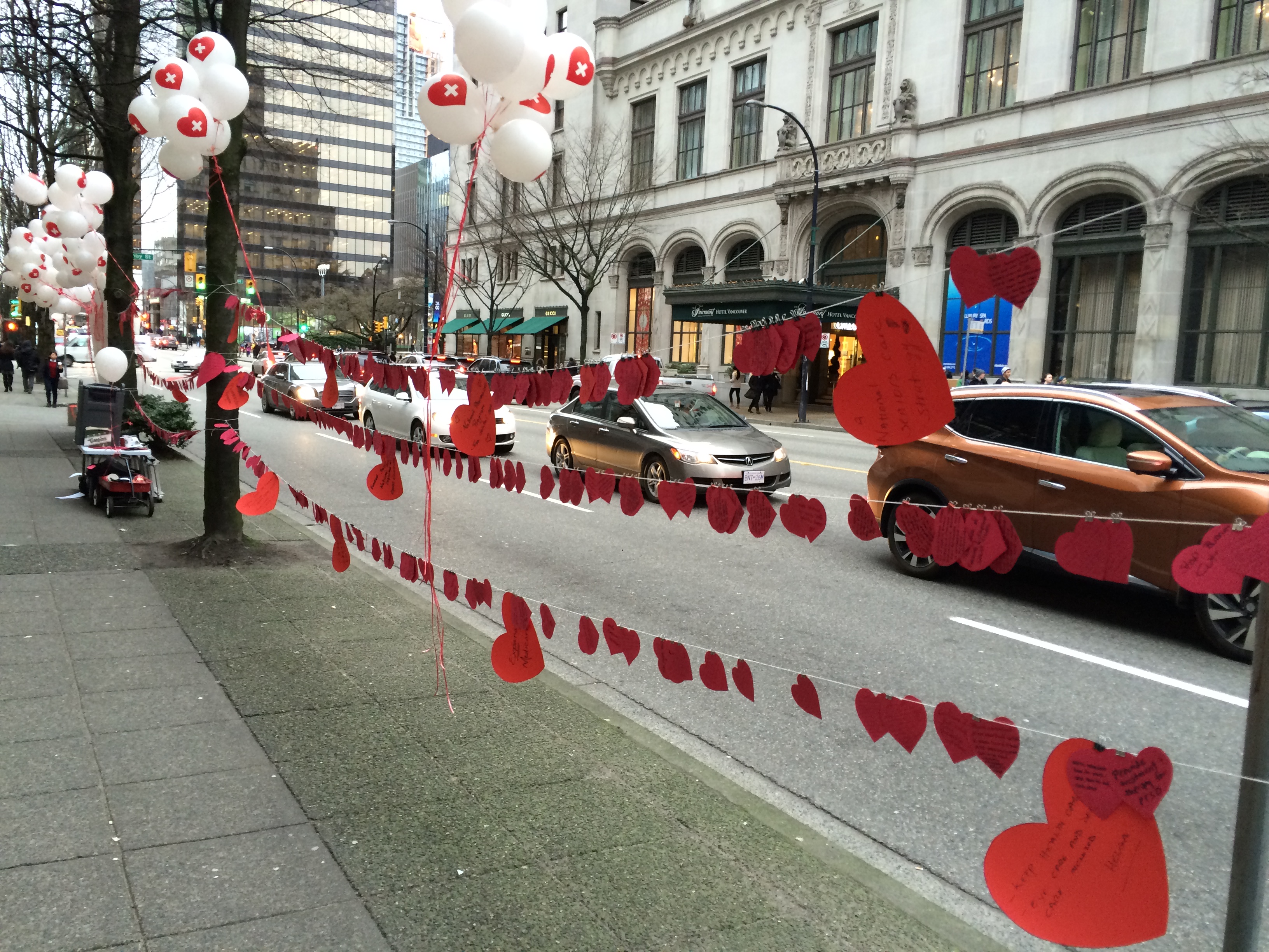 Hearts on Georgia Hearts with hopes for health care strung along Georgia St