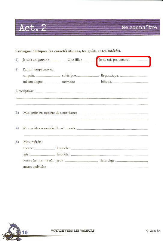 Page 10 du cahier d'activités Voyage vers les valeurs pour la 2e année du 1er cycle du secondaire des éditions École nouvelle (source: PourUneEcoleLibre.blogspot.com