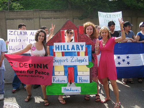 Honduras rally CODEPINK women at a July 28 rally organized by Hondurans for Democracy outside the State Department, in response to Sec. of State Clintons statement that Honduran ousted President Zelayas return was reckless.