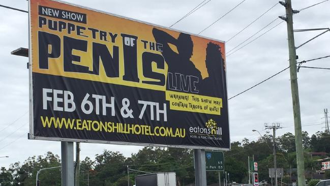 Eatons Hill Hotel 'Puppetry of the Penis' billboard sparks complaints