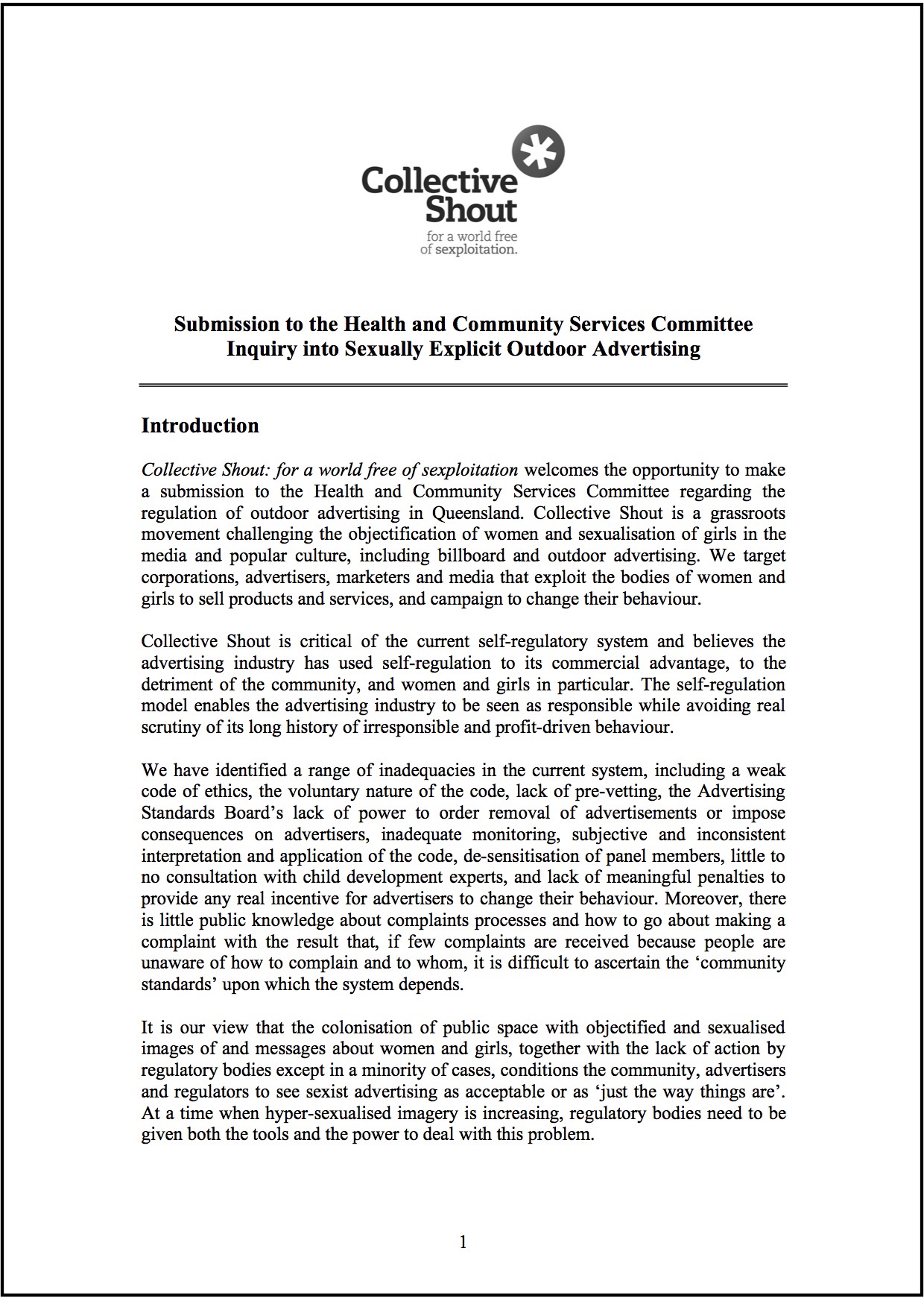 Submission to the Health and Community Services Committee Inquiry into Sexually Explicit Outdoor Advertising