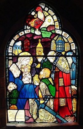 stained glass window of Holy family