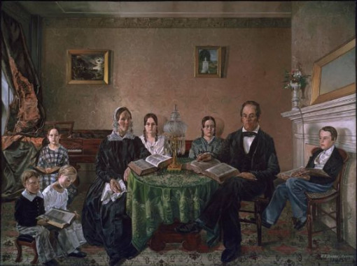 image of oil painting of family seated in parlor with memory piece on wall