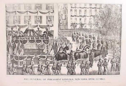 image of long team of horses pulling a funeral wagon