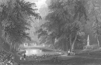 image of pond, trees, monuments, grave sites