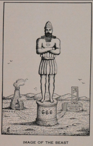 drawing of giant standing on a pedestal labeled 666
