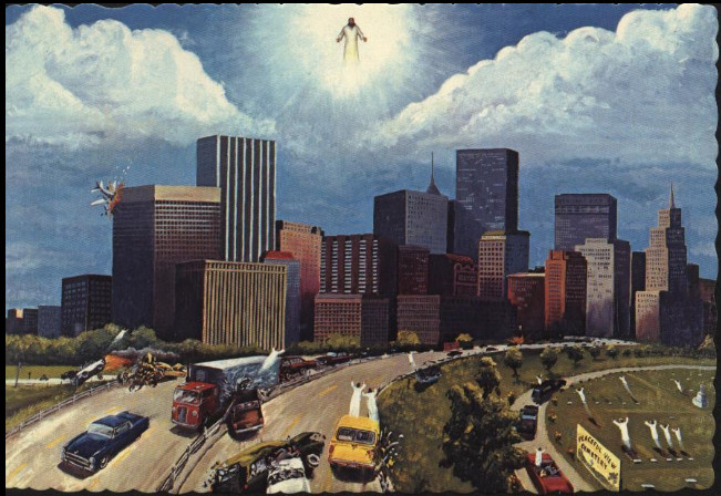 people rising toward Christ in the sky, as their driverless cars and trucks wreck on the highway