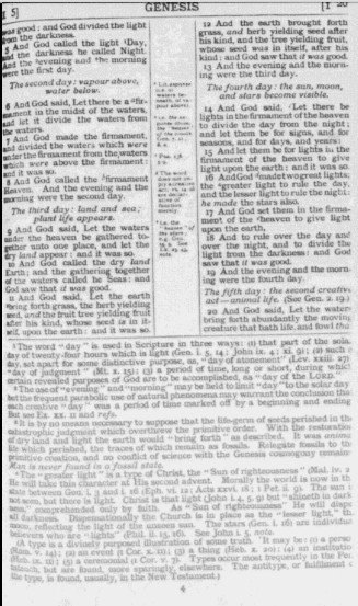 image of page with bottom half containing footnotes for commentary, center column for cross-references
