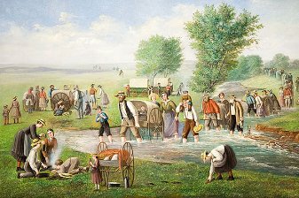 people and handcarts crossing a stream
