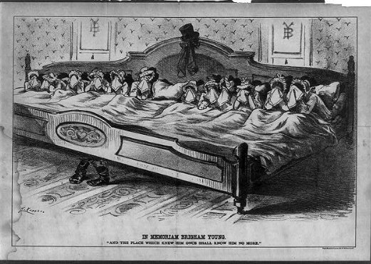 cartoon of ~dozen wives in one bed mourning the death of Brigham Young