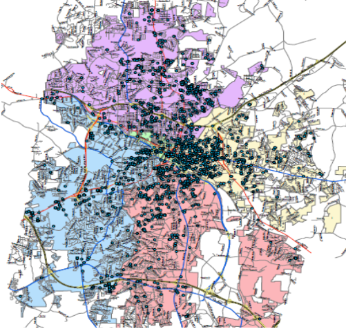 dots on map showing locations of arrests