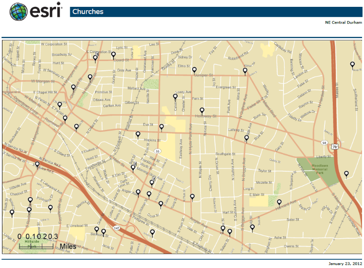 map showing a church within ~ 3 blocks of any location in NE central Durham