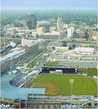 aerial view over Bulls baseball park to downtown skyline