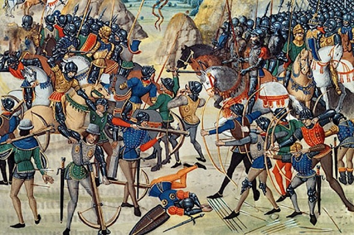 painting of battle lines of longbow infantries