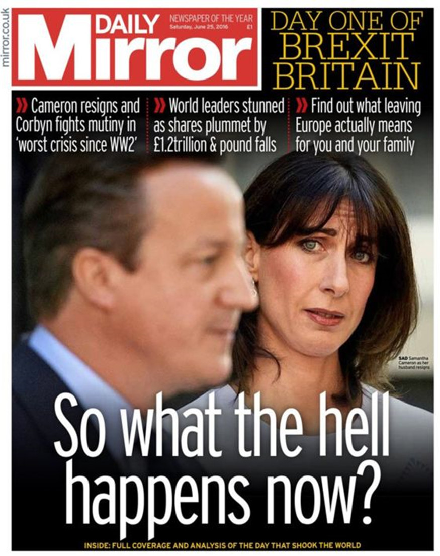front page of Daily Mirror tabloid showing Cameron resigning