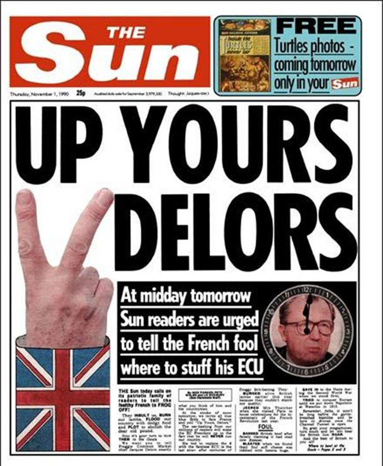 fron page of The Sun tabloid newspaper headlined Up Yours Delors