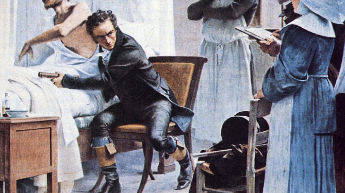 painting of doctor with ear to the torso of a patient