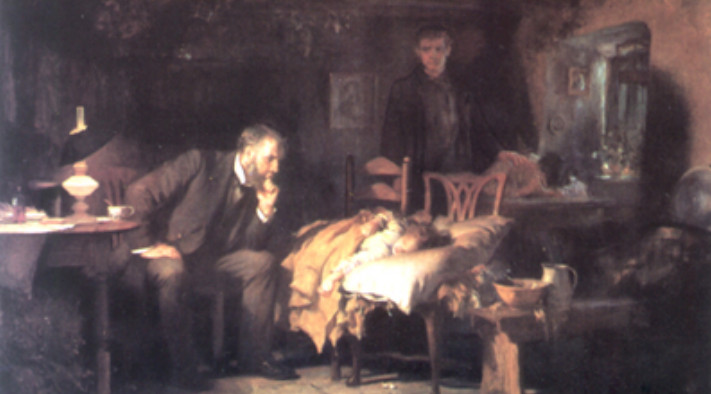 painting of doctor visiting a patient at home