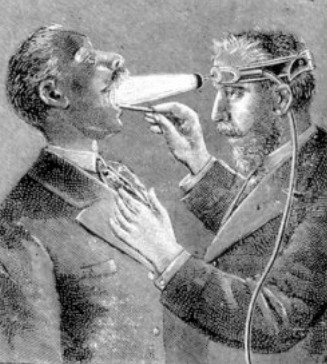 drawing of doctor looking down throat of patient