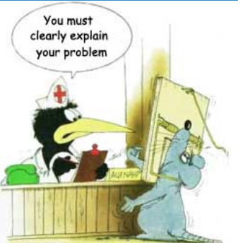 cartoon of nurse telling mouse with trap snapped on his neck 'You must clearly explain your problem'