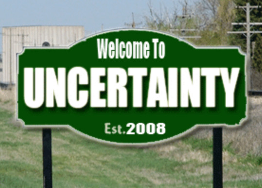 image of sign at limits of town named Uncertainty