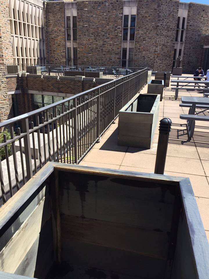 planter boxes on patio at Duke Divinity School
