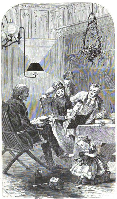 three generations of a family reading, playing in a room
