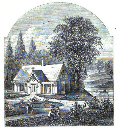 engraving of house near stream
