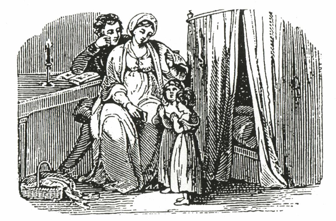 engraving of mother, father, and daughters