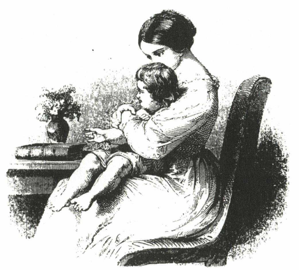 engraving of mother with daughter in lap