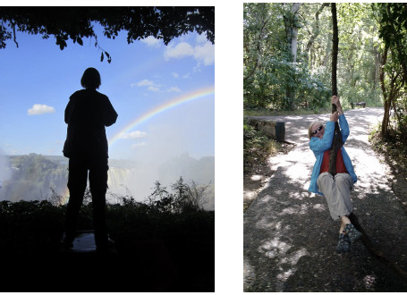 photos of a human silhouette in front of a rainbow, and of swinging on a vine