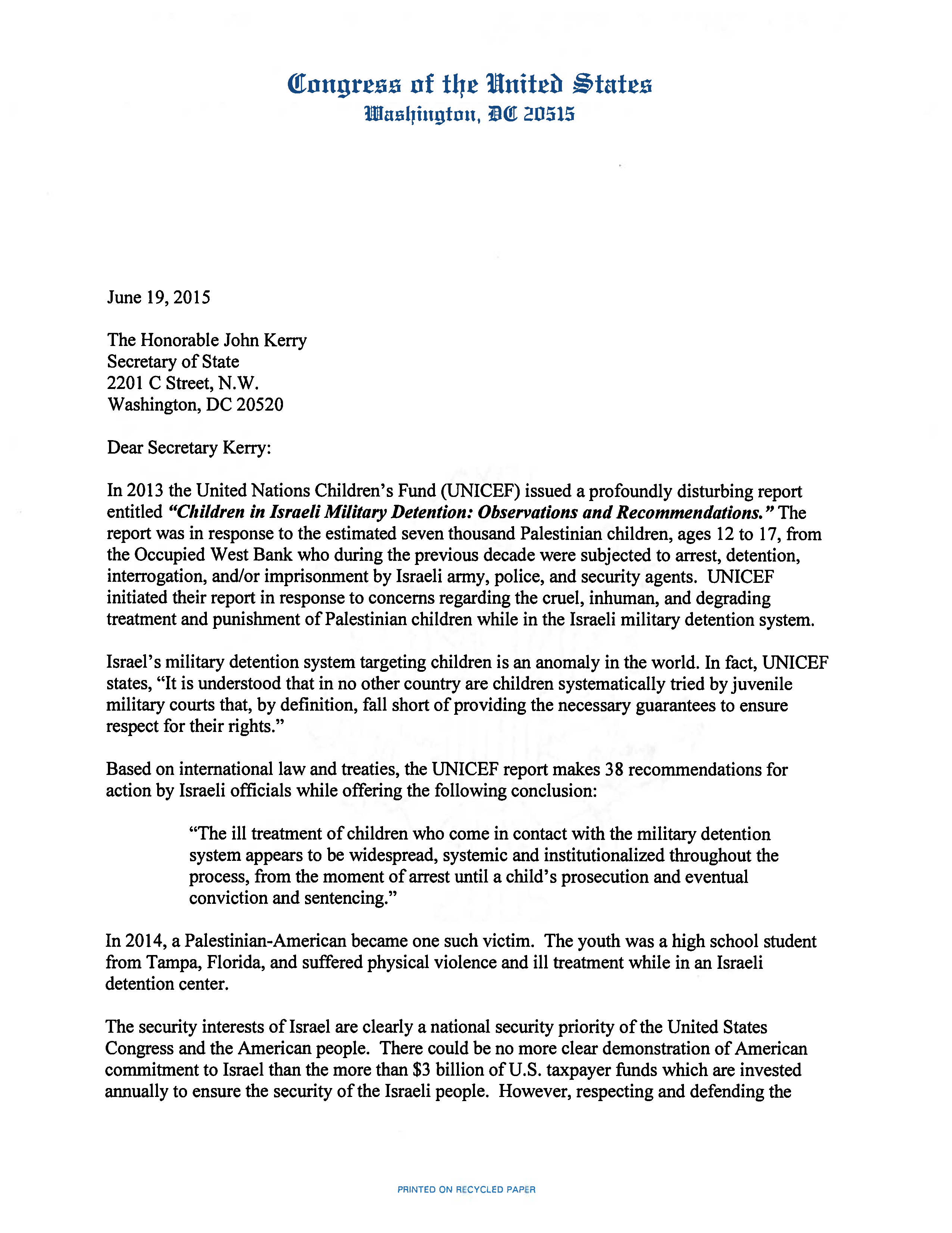 Letter to Secretary Kerry