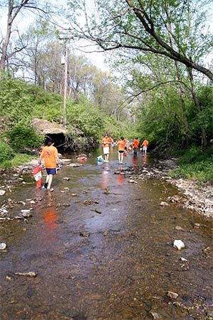 Volunteers picking trash out of the creek