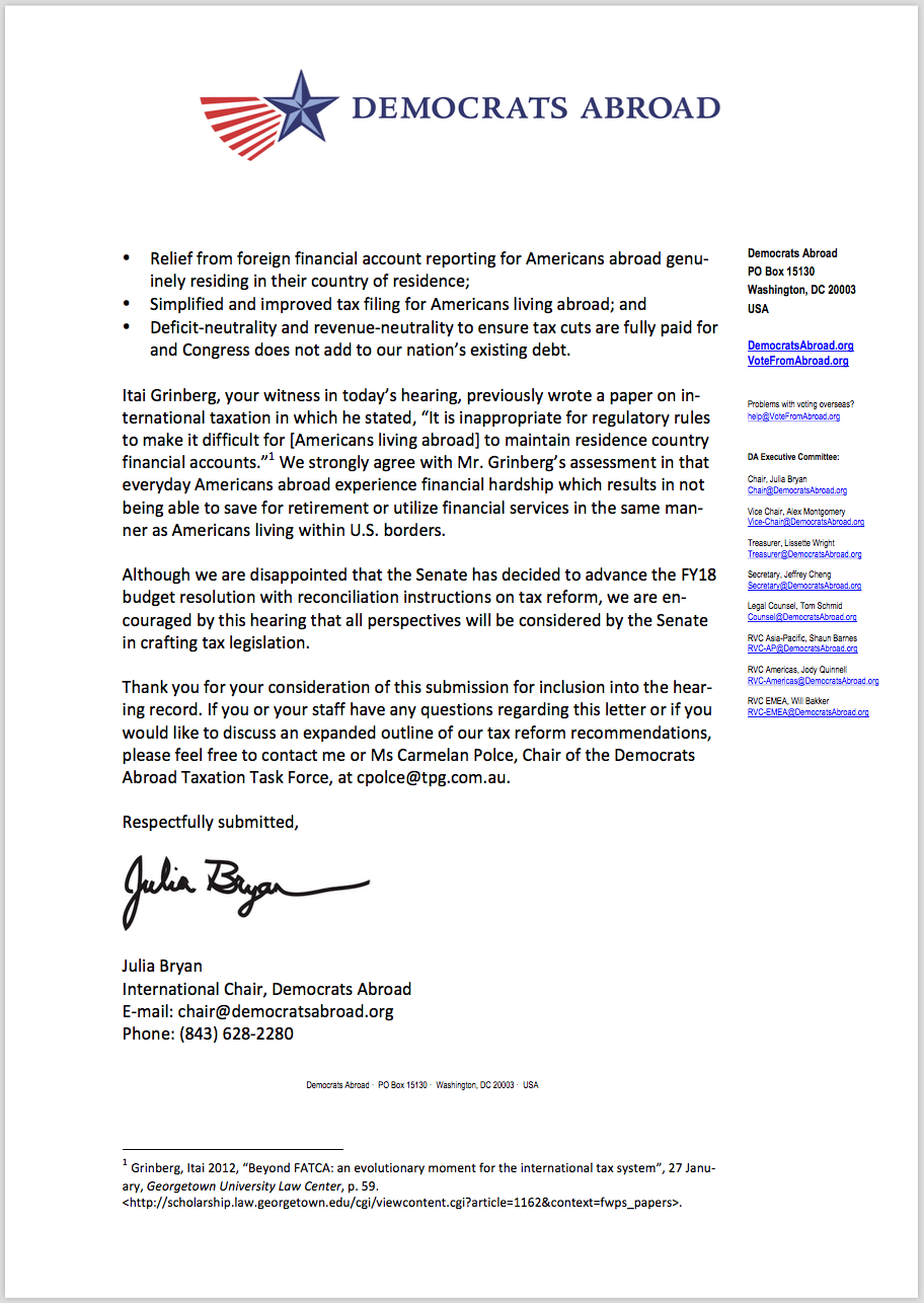 Da Letter For Senate Finance Committee Hearing On Int L Tax