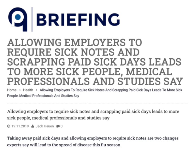 QP Briefing headline reading: Allowing Employers to Require Sick Notes and Scrapping Paid Sick Days Leads to More Sick People, Medical Professionals and Studies Say