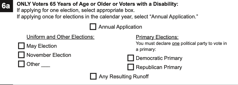 A portion of the Texas Application for a Ballot by Mail for 2020
