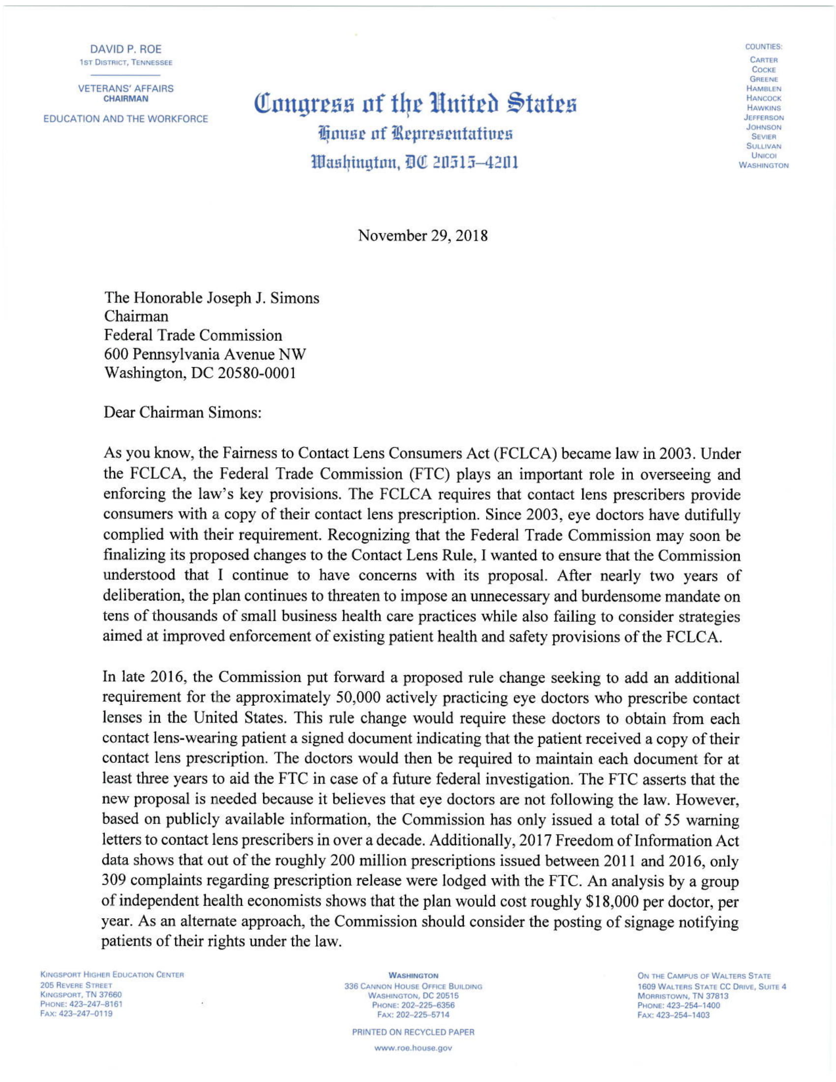 Rep. Roe Letter to the FTC Health Care Alliance for Patient Safety