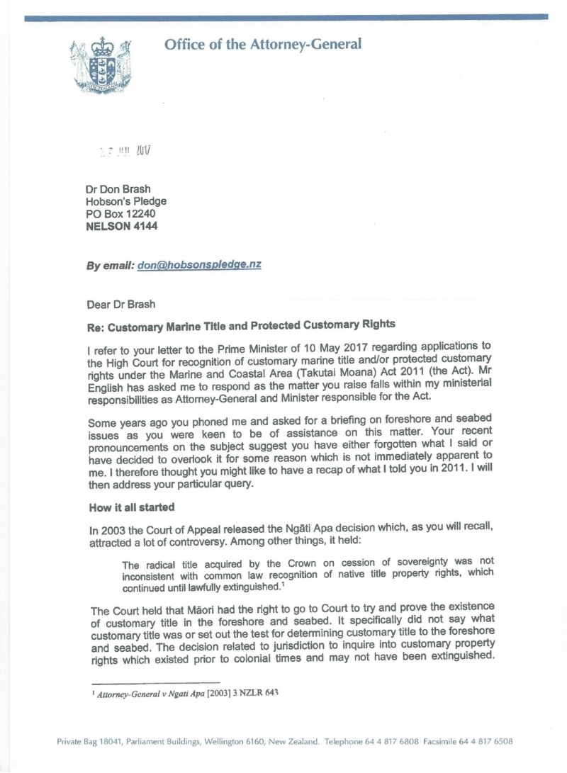 Brash legal advice letter from Attorney General Finlayson on MACA