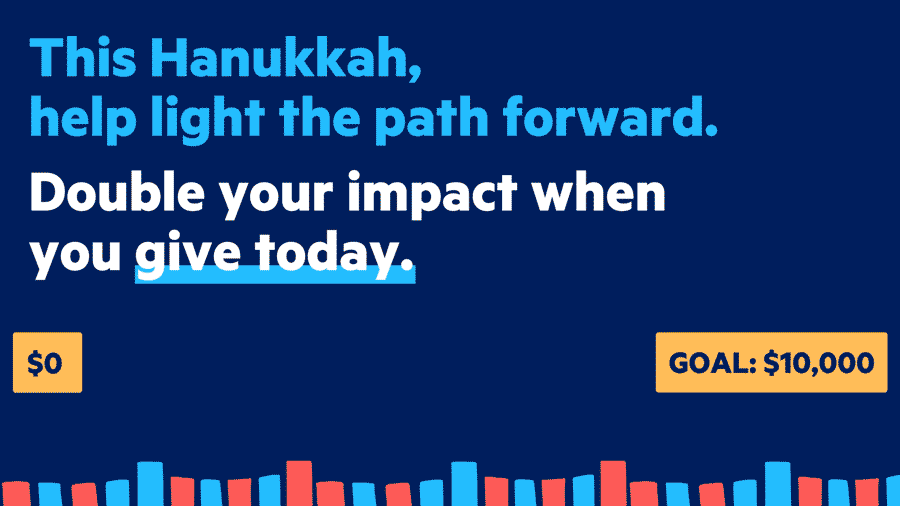 Text at the top reads This Hanukkah, help light the path forward.   Double your impact when you give today. Below are Hanukkah candles that are lit. On the left is a $0 marker, and on the right there's a marker that reads GOAL: $10,000.