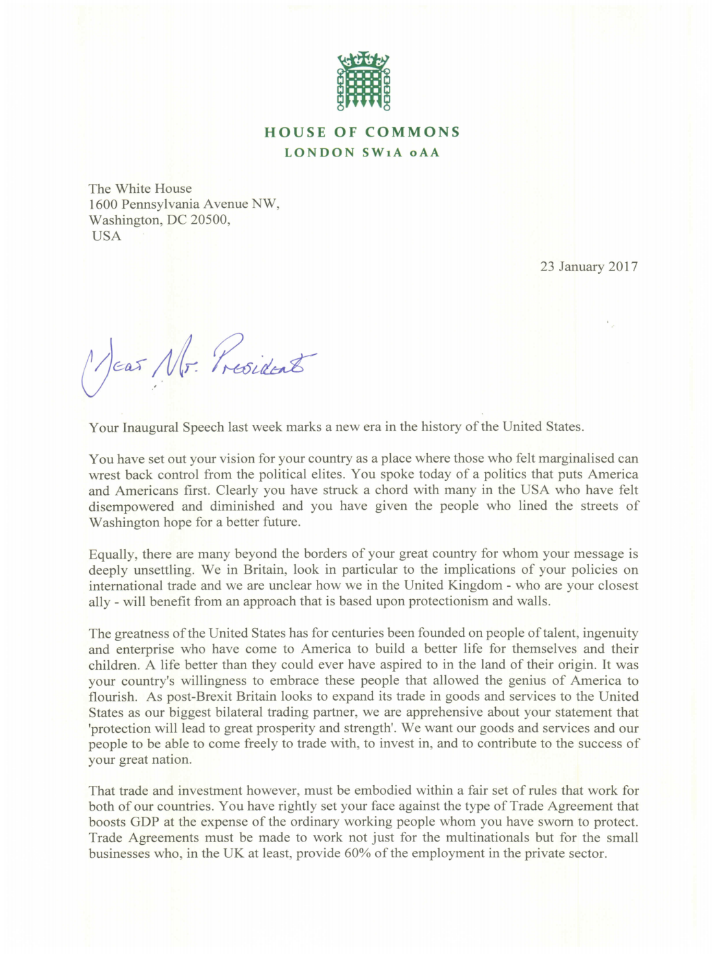 Letter to President Trump