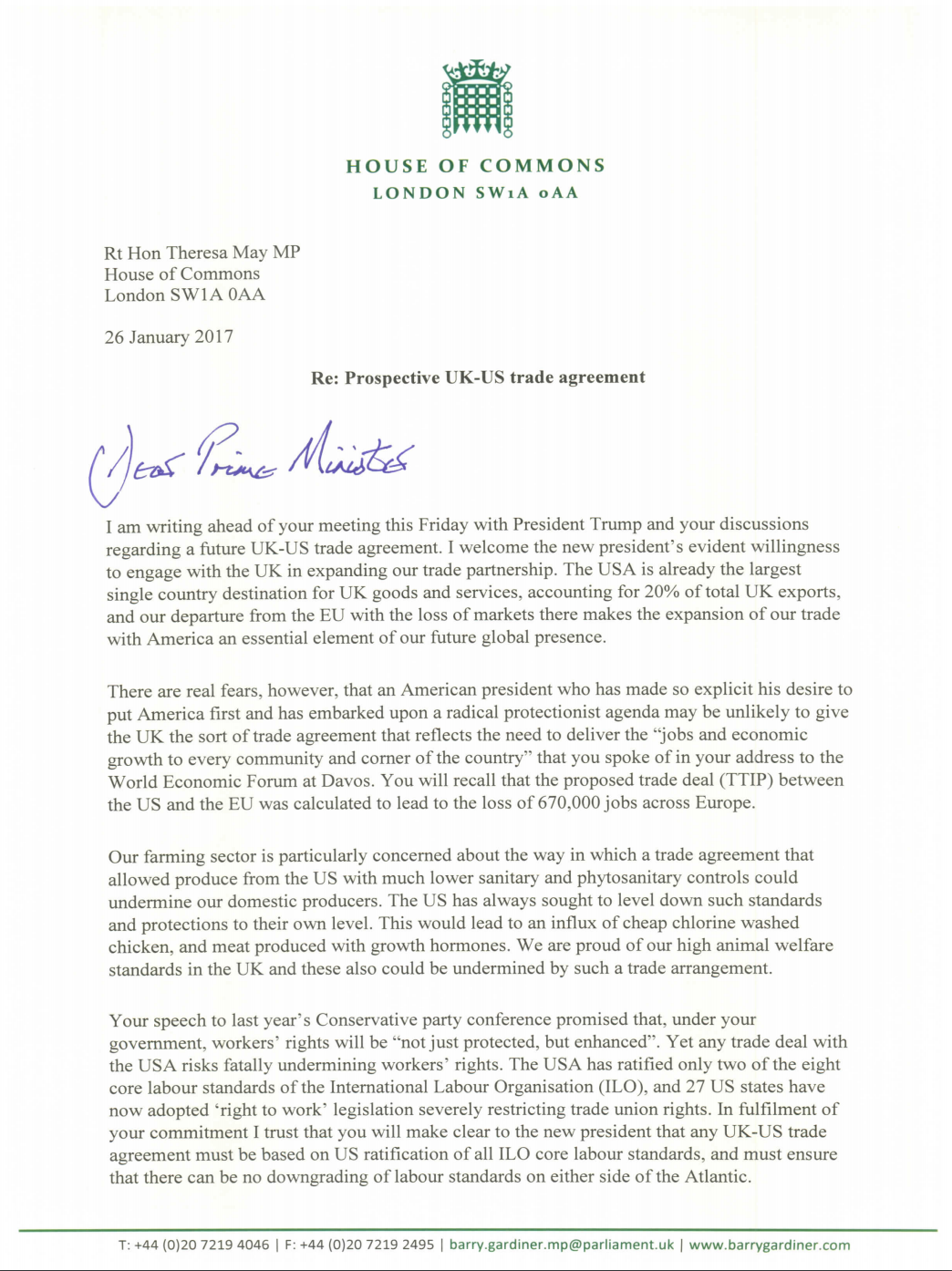 Letter to Prime Minister