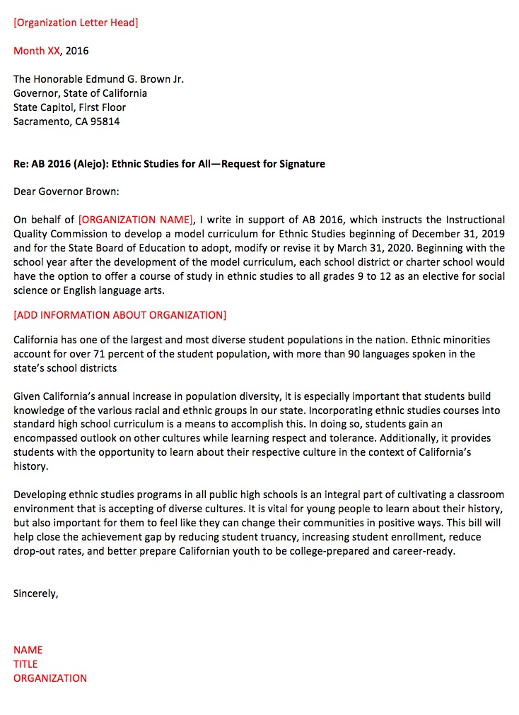 Letter To The Governor On AB 2016 Ethnic Studies Now